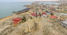 aerial view of Luderitz Bay with Felsenkirche Church which was consecrated in 1912. 